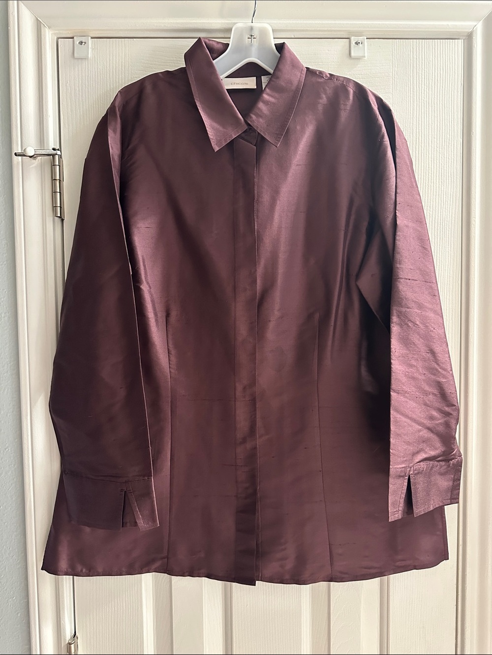 Chico's Satin Silk Hidden Button-Down Shirt Deep Burgundy Women’s L (2)